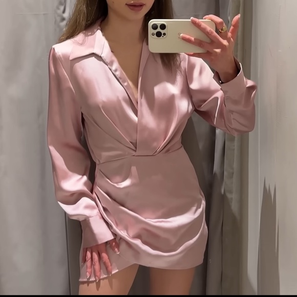 ZARA Dusty Pink Satin Effect Wrap Long Sleeve Dress $59.90 - Picture 11 of 14